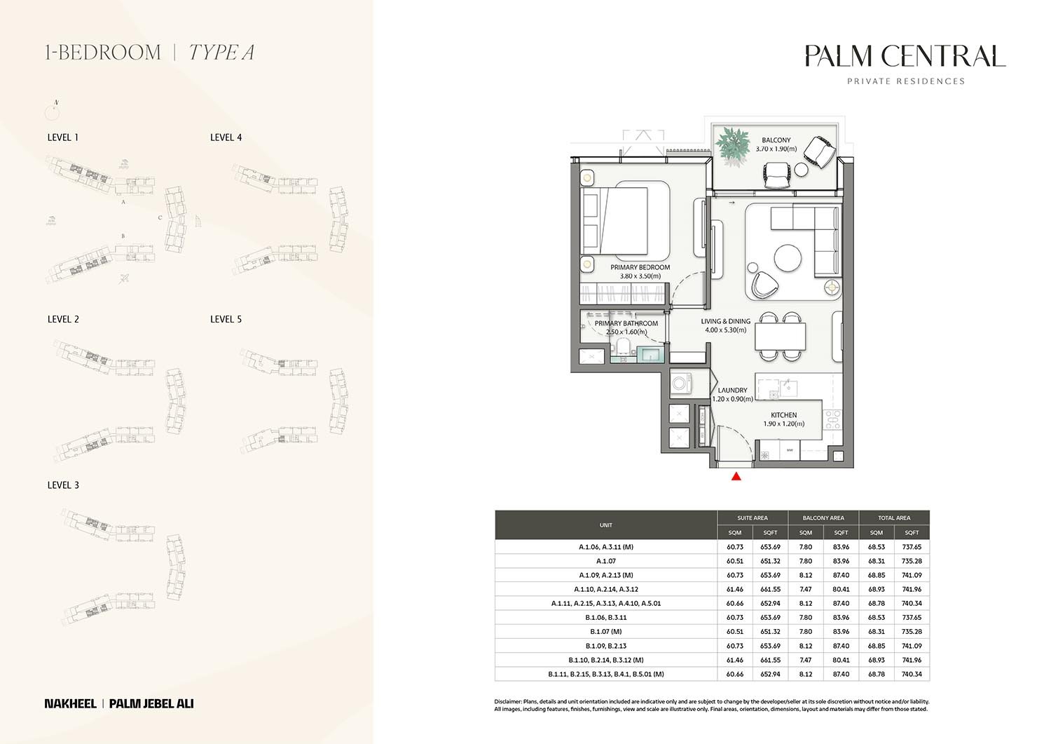 1-bedroom floor plan at Palm Central Residences, Palm Jebel Ali, featuring spacious living area, modern kitchen, and private balcony.
