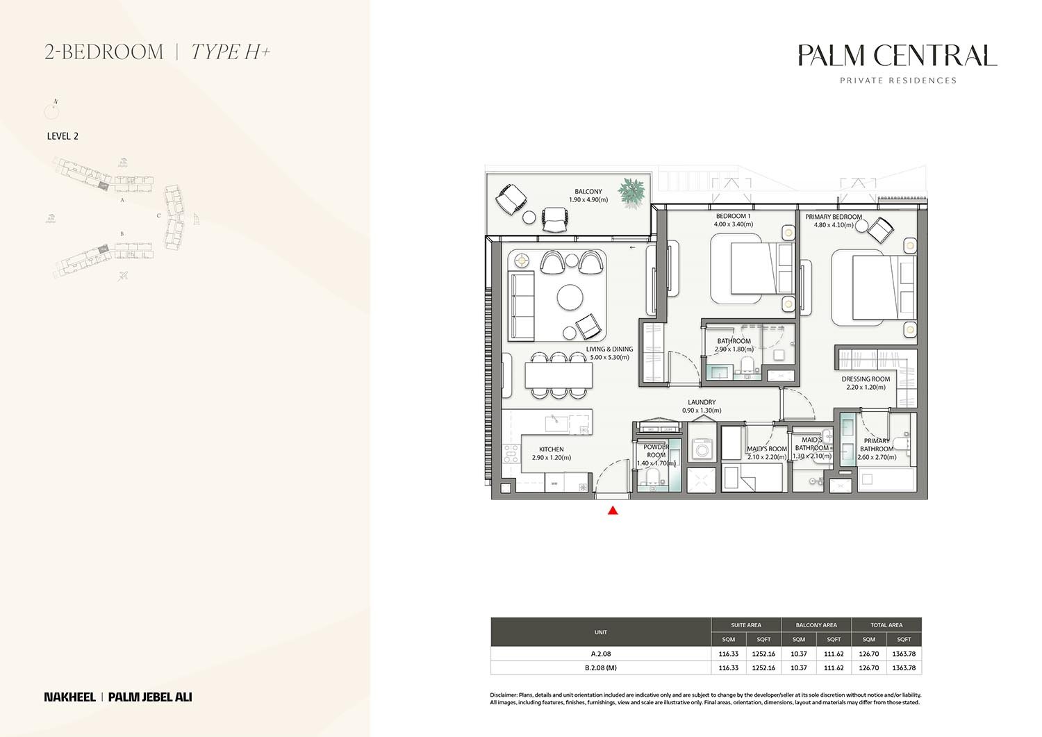 2-bedroom floor plan at Palm Central Residences, Palm Jebel Ali, with open-plan living, en-suite bedrooms, and waterfront views.