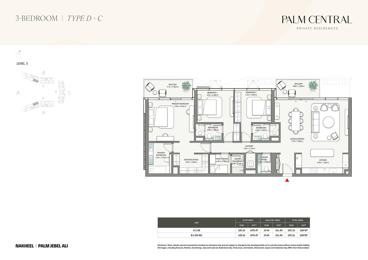 3-bedroom apartment floor plan at Palm Central, Palm Jebel Ali, offering expansive living spaces, multiple bathrooms, and terrace access.