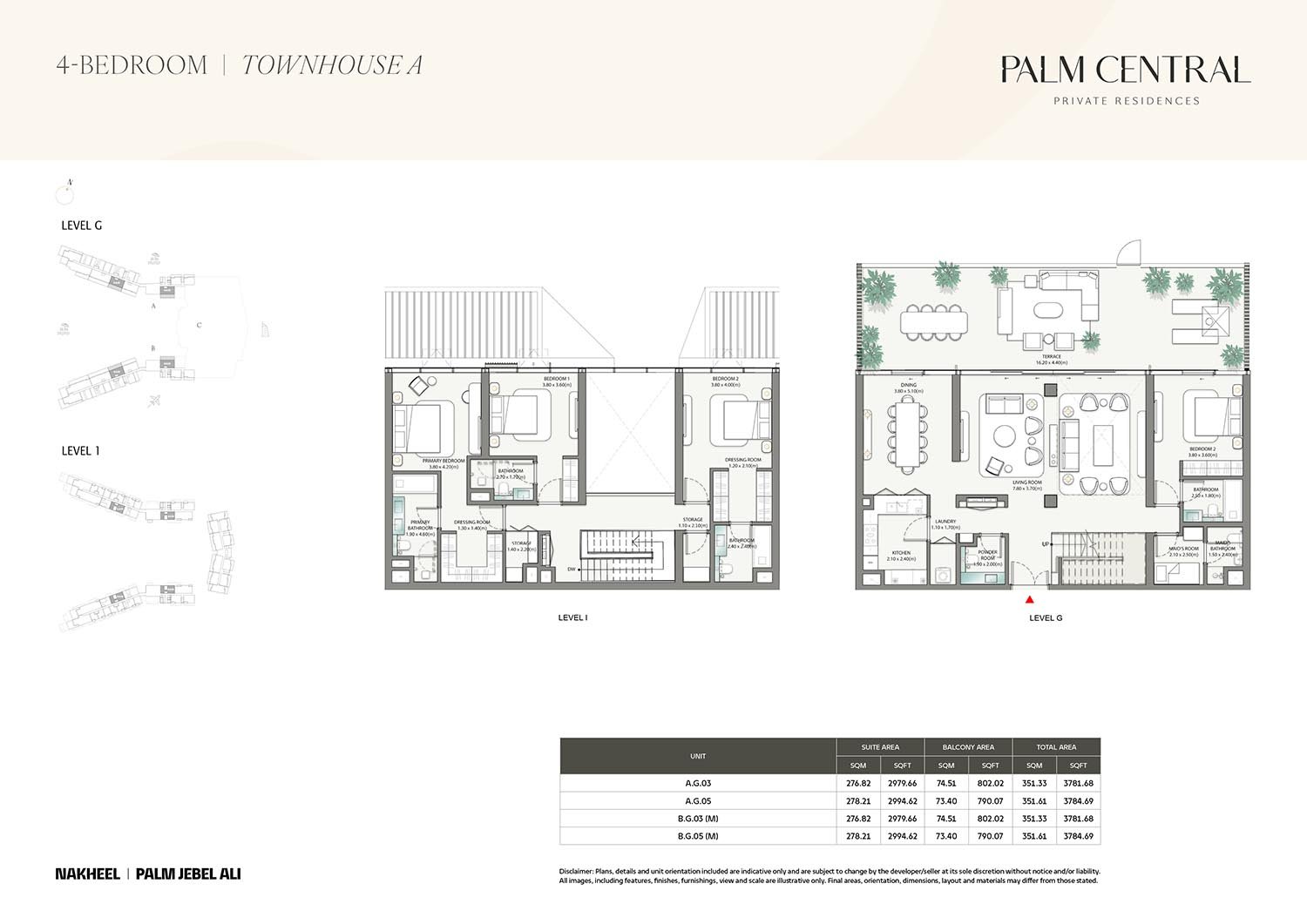 4-bedroom residence floor plan at Palm Central Residences, Palm Jebel Ali, showcasing large family areas, en-suite bedrooms, and private outdoor space.