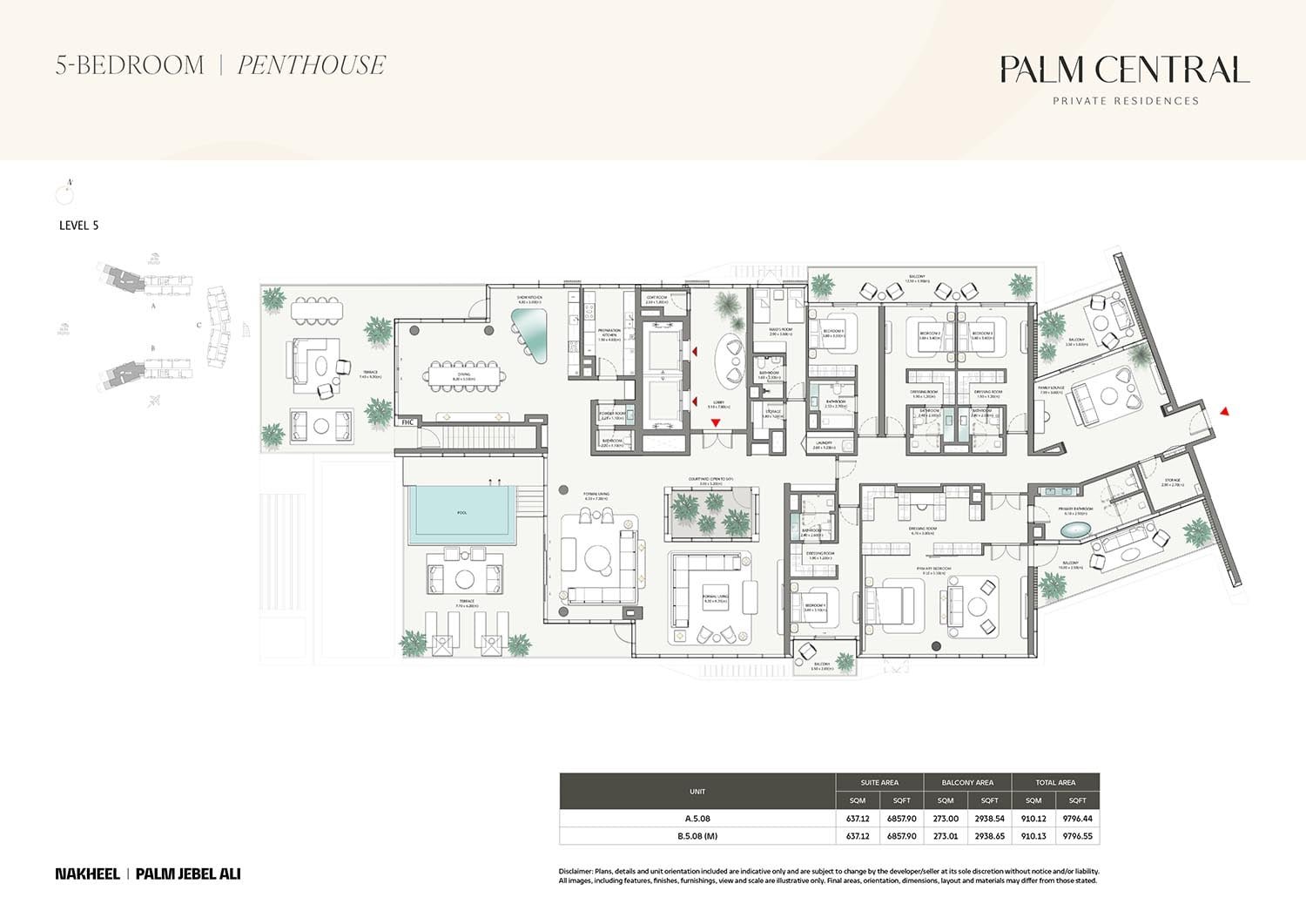 5-bedroom luxury floor plan at Palm Central, Palm Jebel Ali, featuring premium layouts, spacious living and dining areas, and panoramic waterfront views.