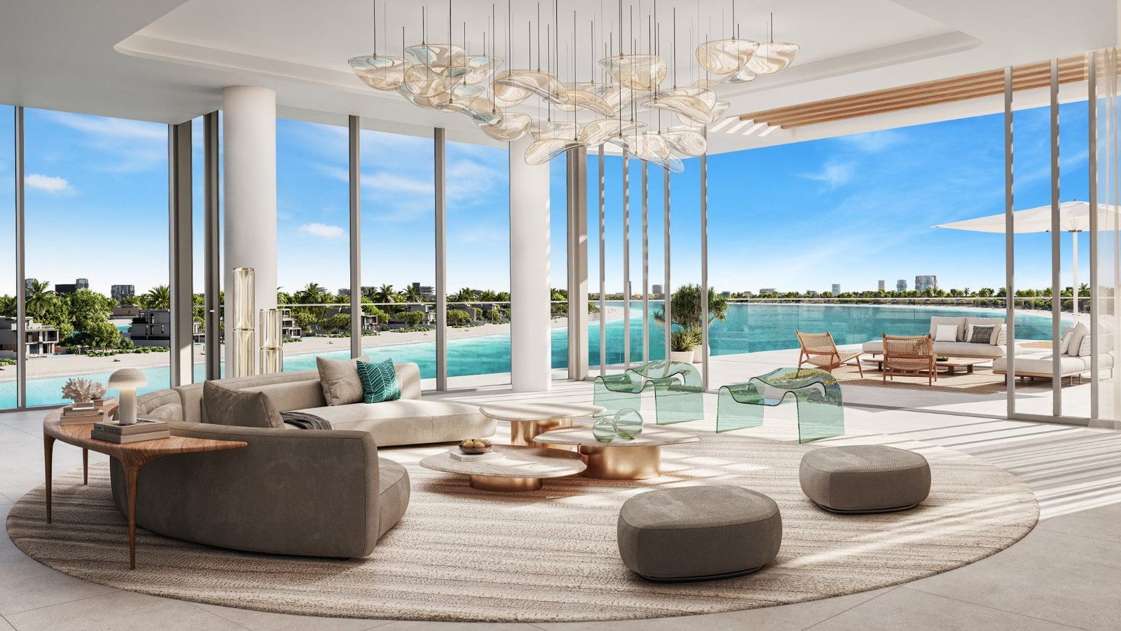 Spacious waterfront living room at Palm Central Residences, Palm Jebel Ali, featuring elegant seating, floor-to-ceiling glass walls, and panoramic lagoon views.