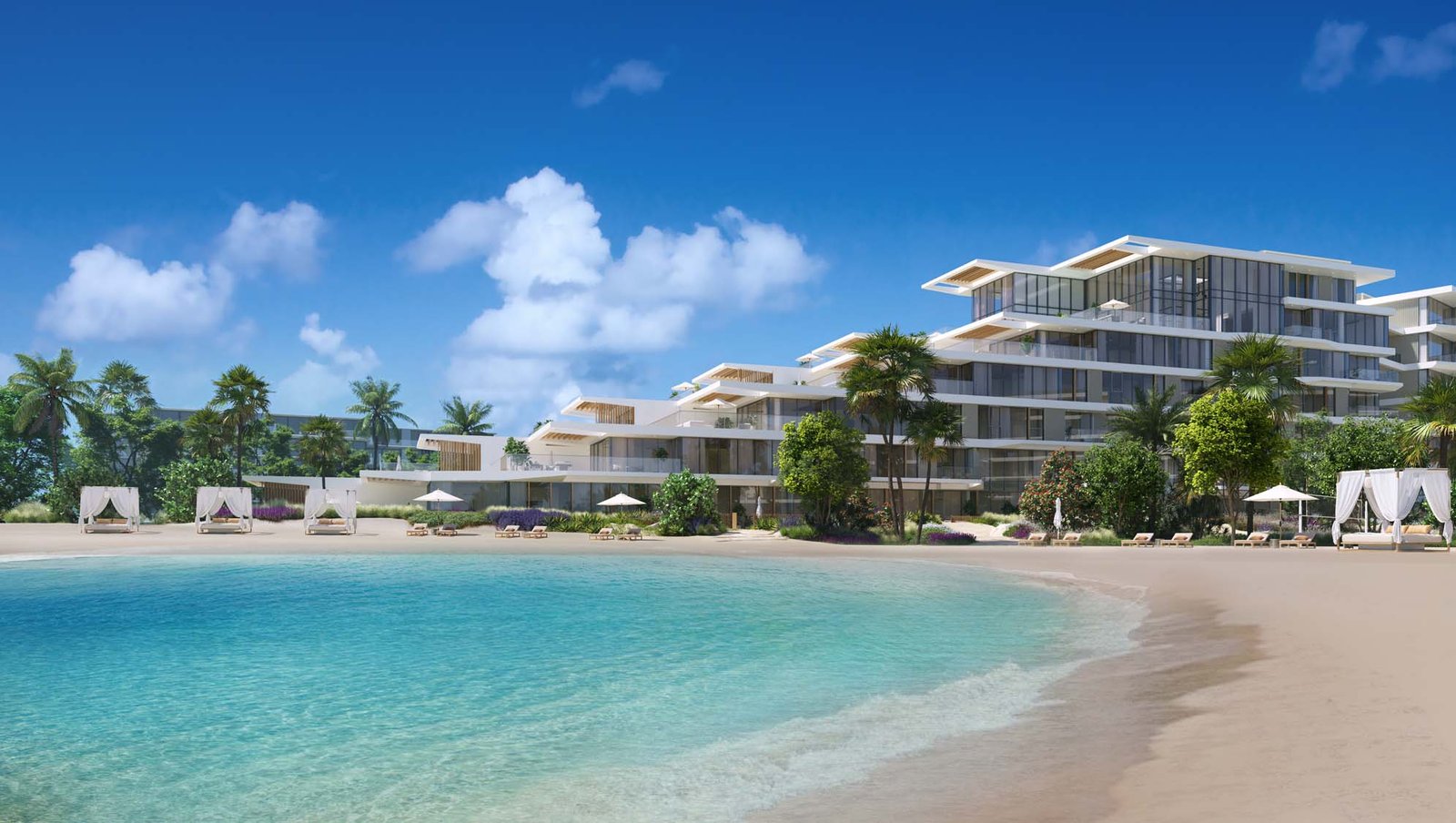 Beachfront view of Palm Central Residences at Palm Jebel Ali showing luxury waterfront apartments, private sandy beach, and turquoise sea in Dubai.